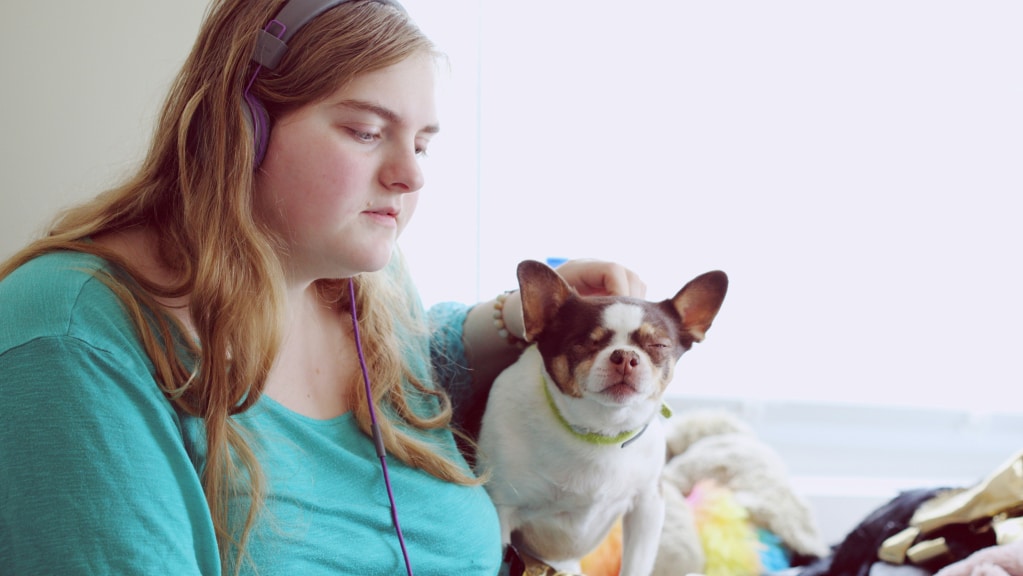 A imagem mostra uma mulher de cabelos louros e lisos com fones de ouvido postos. Ela olha fixamente para um computador e digita algi com a mão direita. Com a mão esquerda, ela acaricia um cachorro de porte médio.