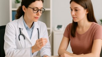 A imagem mostra duas mulheres em um consultório sentadas uma do lado da outra. A mulher à esquerda é branca, tem cabelos marrons, lisos e presos em um rabo de cavalo, usa ículos de grau, uma blusa azul por baixo e um jaleco branco por cima, com um estetoscópio ao redor do pescoço. Ela olha para um termômetro. A mulher à direita é branca, tem cabelos marrons, lisos e soltos até a altura do busto, usa uma blusa marrom e olha com apreensão para as mãos da médica, que segura o termômetro.